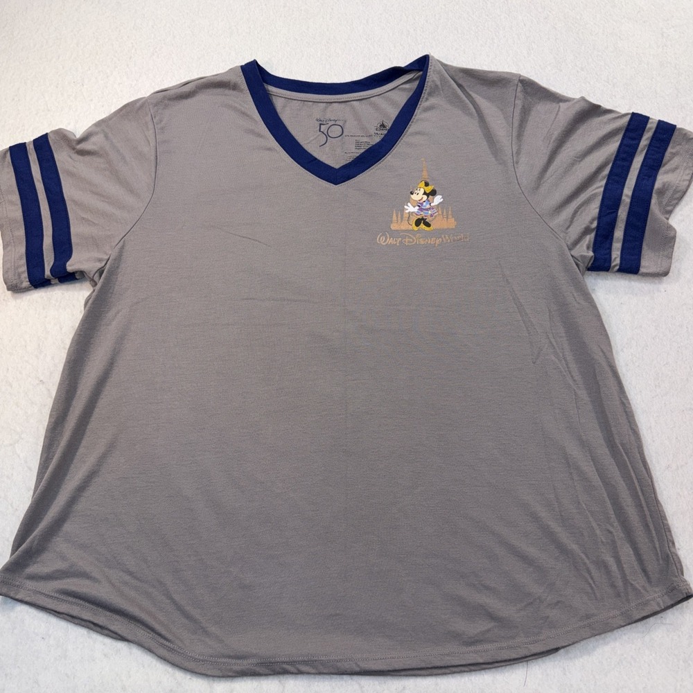 Walt Disney World 50th Anniversary Minnie Mouse Castle Shirt Size 1X Gray V-Neck